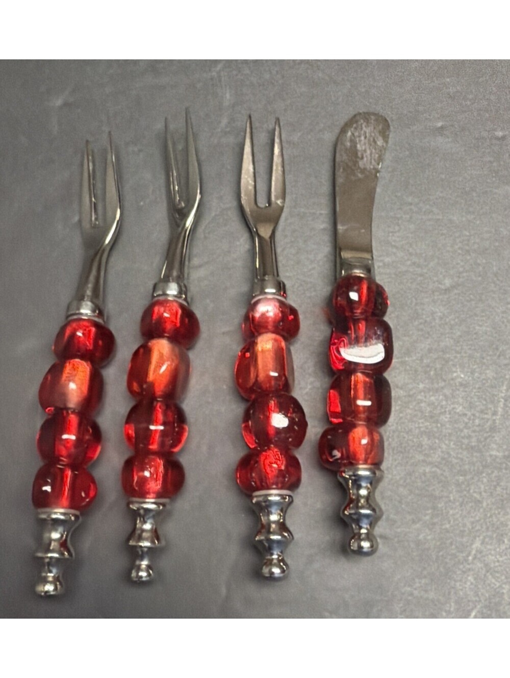 VTG Red Beaded Silver Tone Appetizer Serving Forks And Knife Holiday Utensils